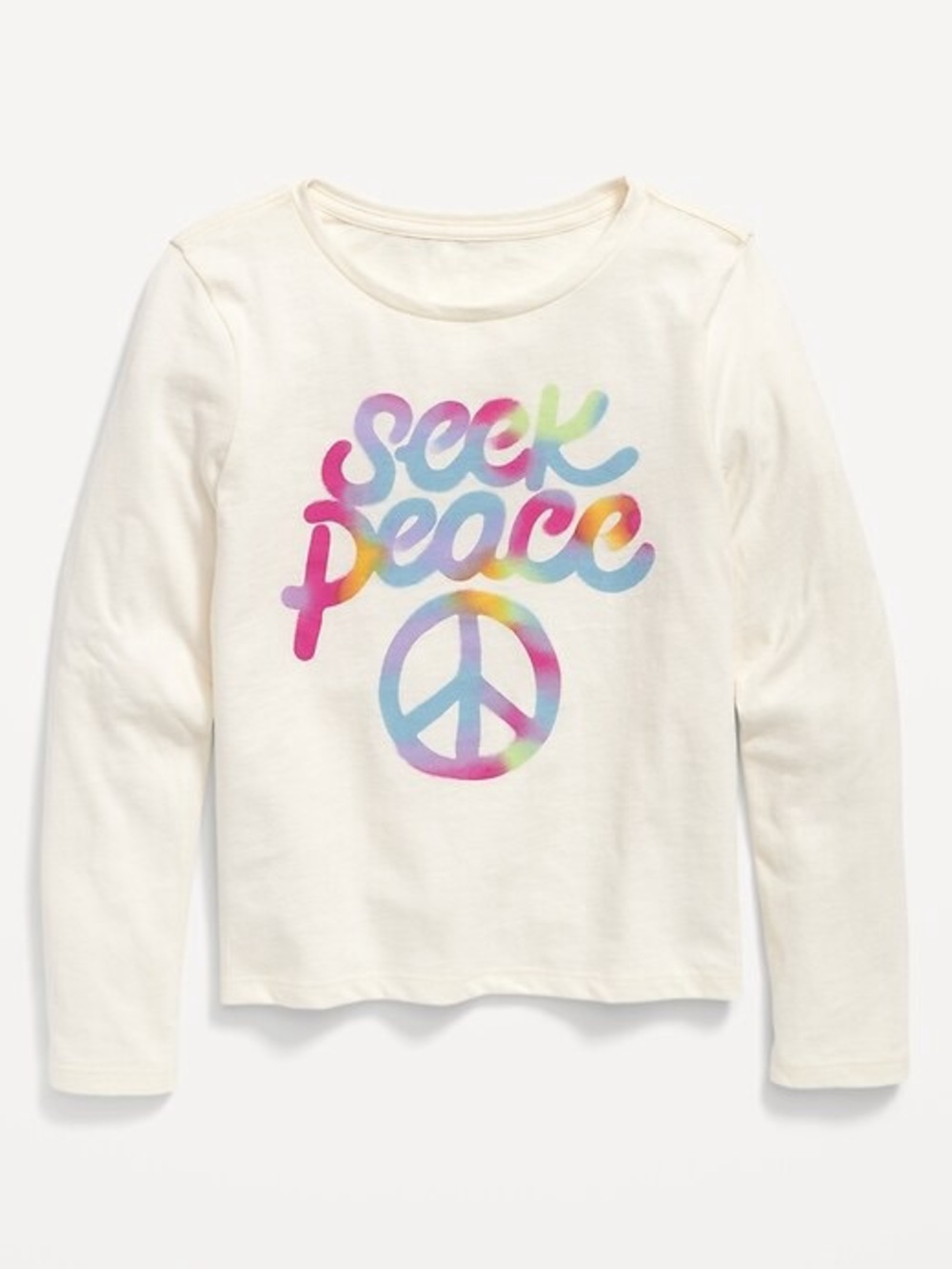 Old Navy Girls Seek Peace Graphic Long Sleeve Tee Cream Rainbow Peace Sign S 6-7